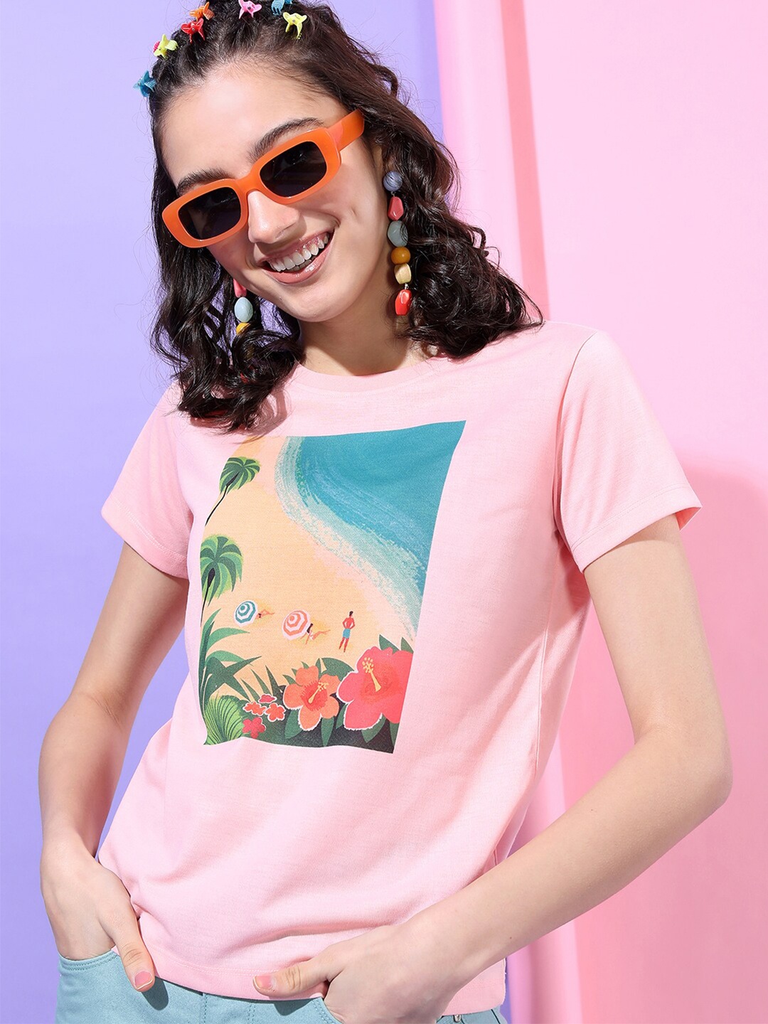 

Tokyo Talkies Women Pink Printed Slim Fit T-shirt