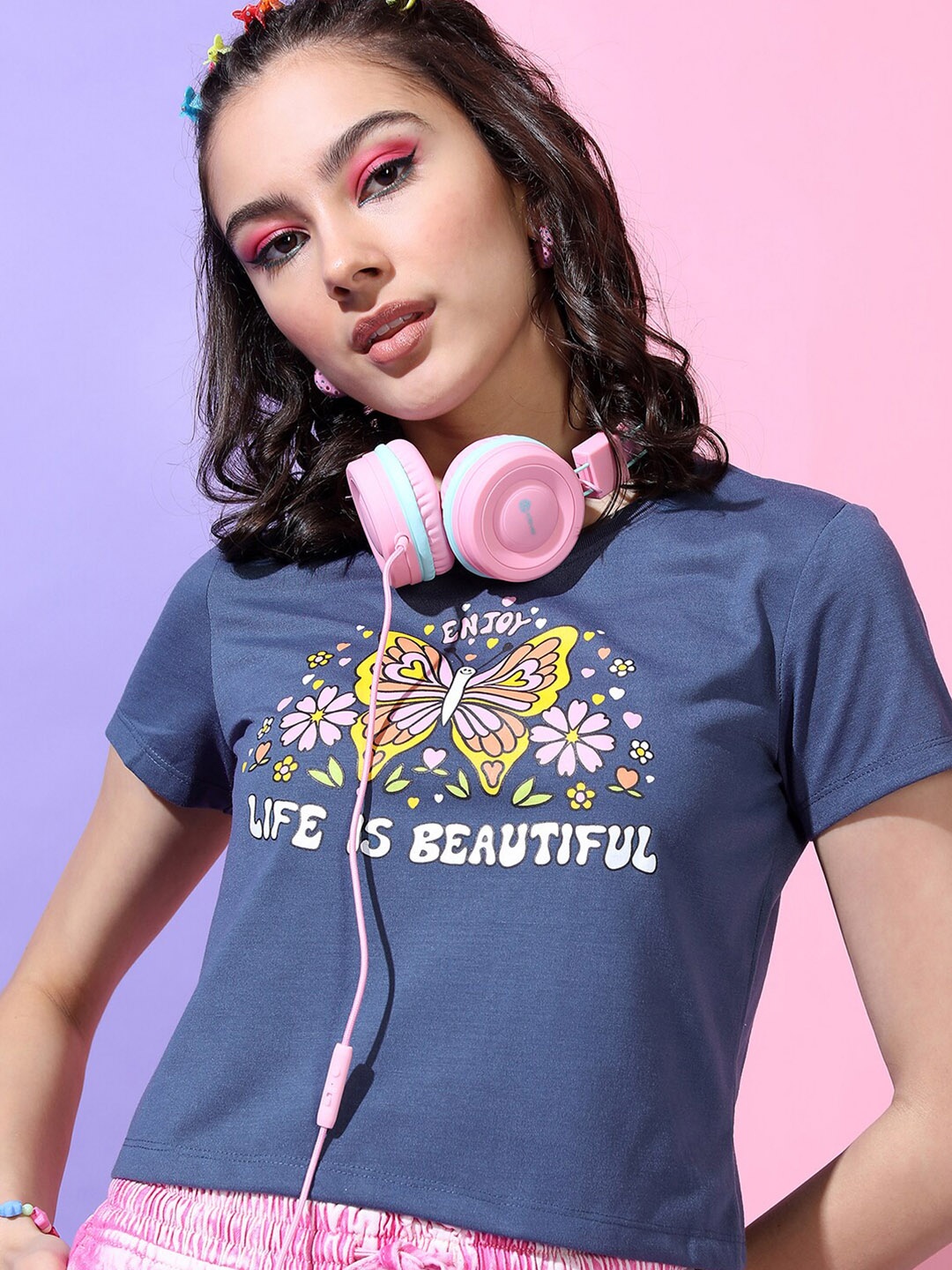 

Tokyo Talkies Women Blue Printed Slim Fit T-shirt