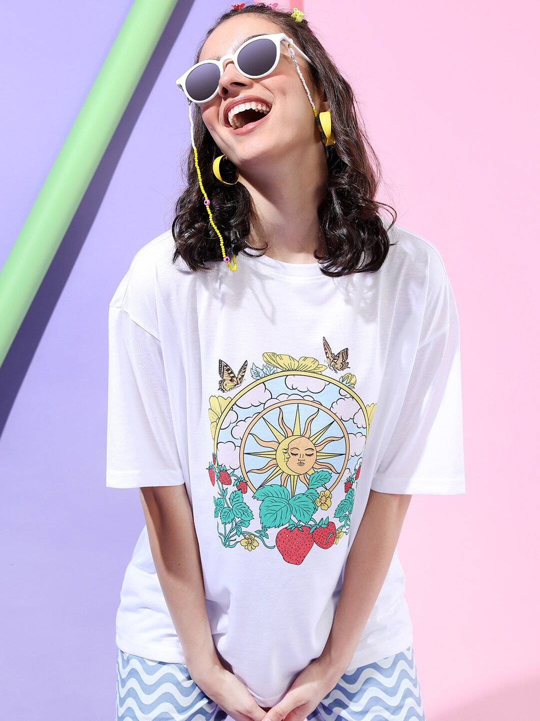

Tokyo Talkies Women Printed Oversized Tshirt, White