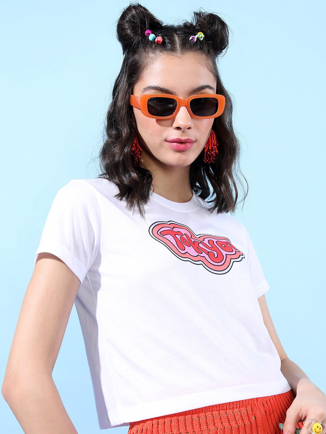 

Tokyo Talkies Women White Printed Applique Slim Fit T-shirt