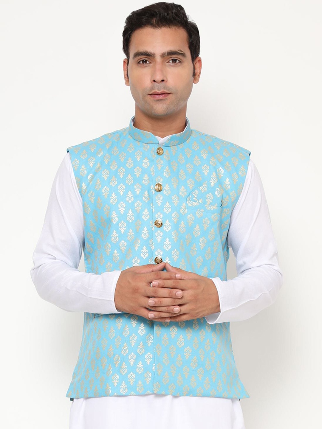 

Endues Men Blue Printed Pure Cotton Nehru Jacket