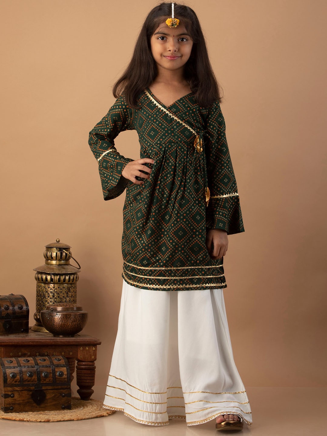 

misbis Girls Green Printed Angrakha Kurti with Skirt