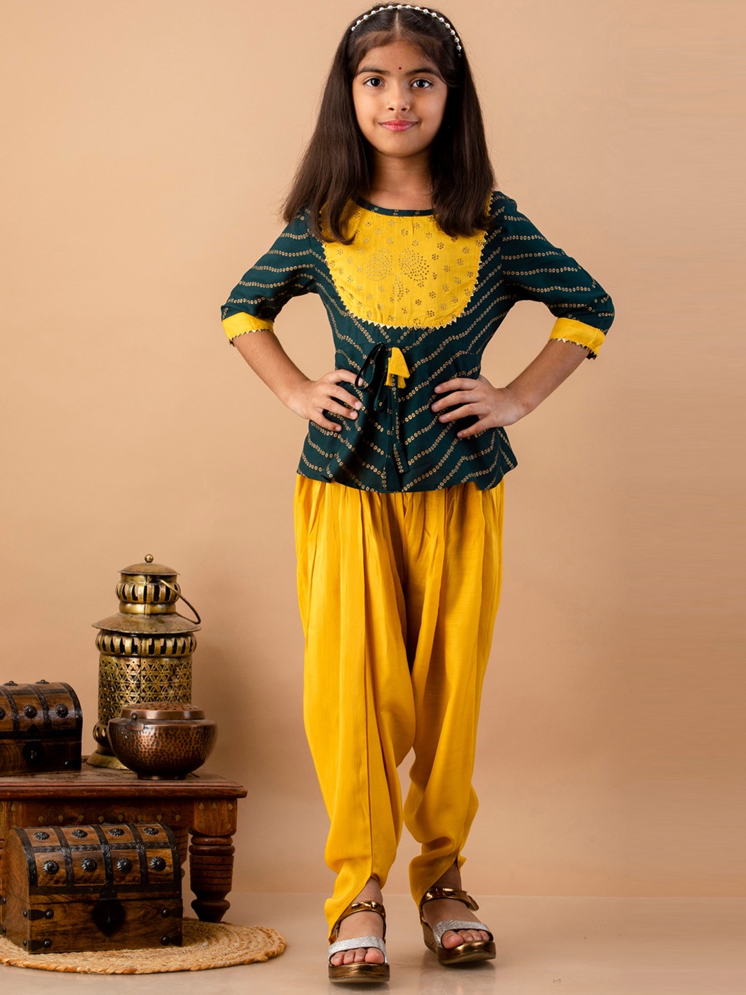 

misbis Girls Yellow Yoke Design Empire Kurti with Salwar & With Dupatta