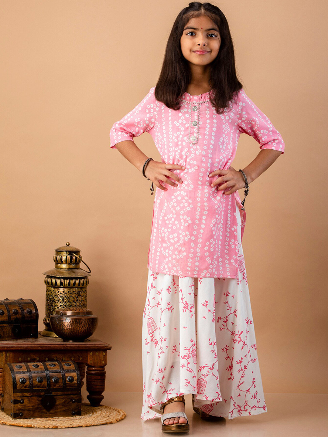 

misbis Girls Pink Floral Embroidered Panelled Top with Skirt