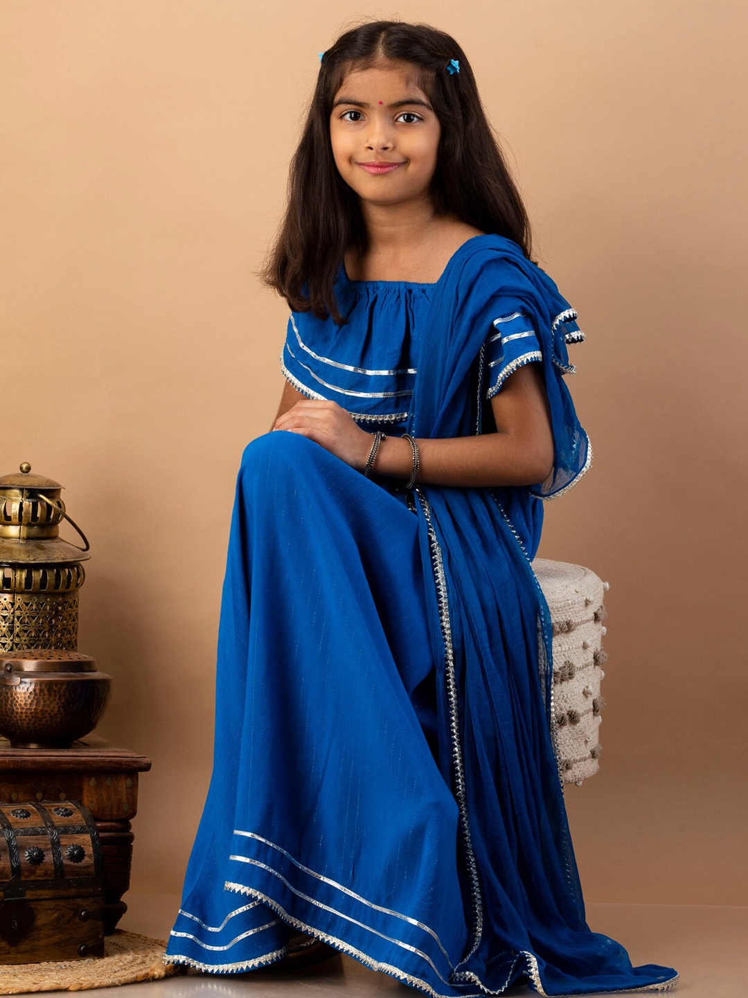 

misbis Girls Blue Yoke Design Panelled Kurti with Trousers & With Dupatta