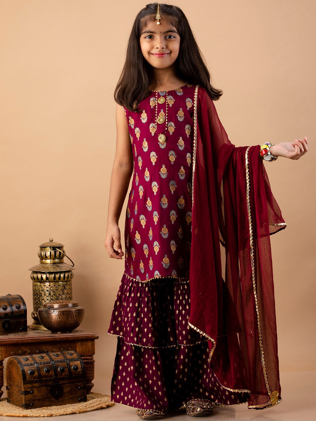 

misbis Girls Maroon Ethnic Motifs Kurti with Sharara