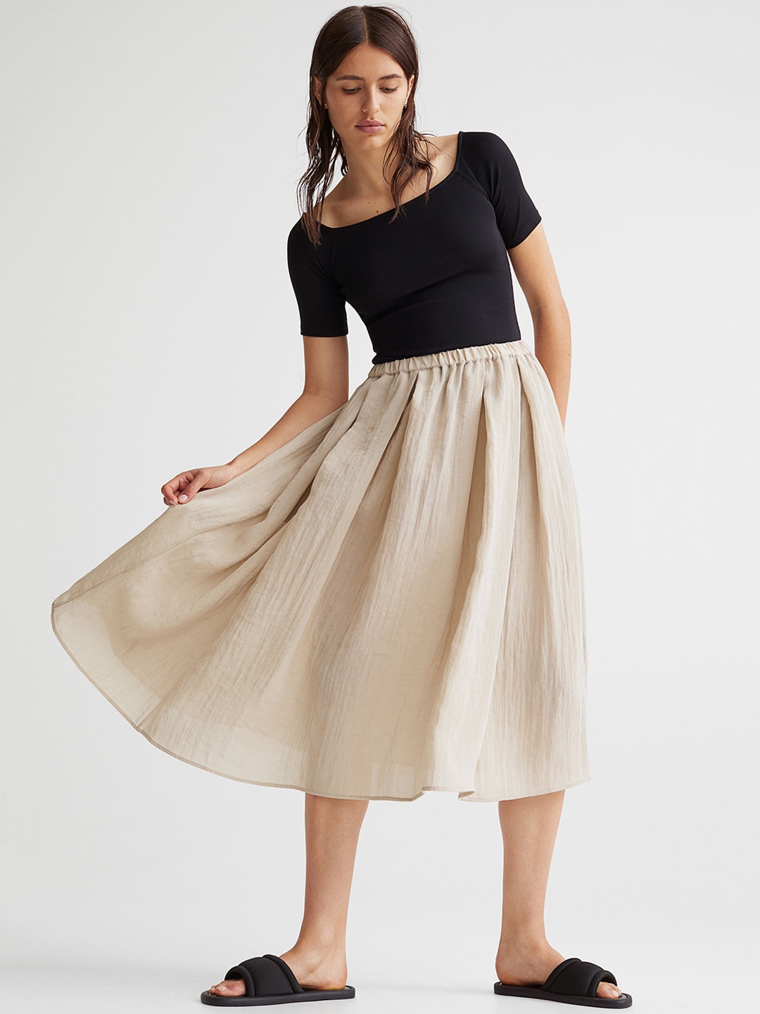 

H&M Women Beige Solid A-line Wide Twill Skirt