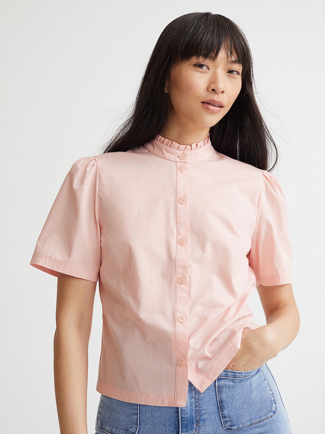 

H&M Women Pink Pure Cotton Frill-Collared Blouse