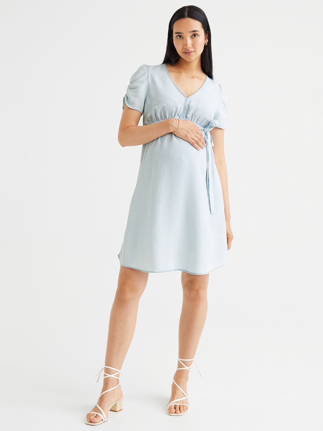 

H&M Women Blue Ruched MAMA Tie-Belt Dress
