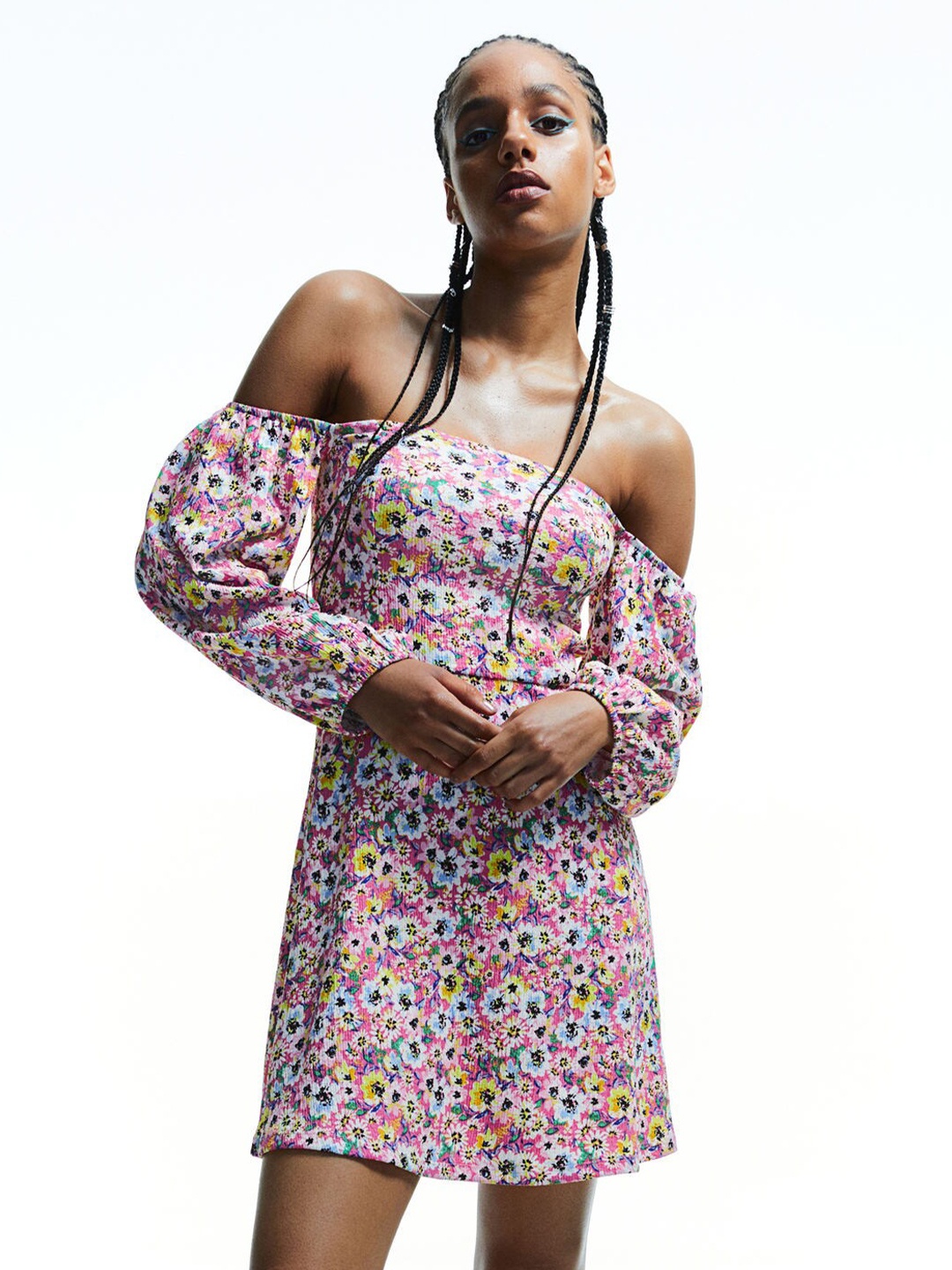 

H&M Women Pink Printed Crinkled Off-The-Shoulder Dress