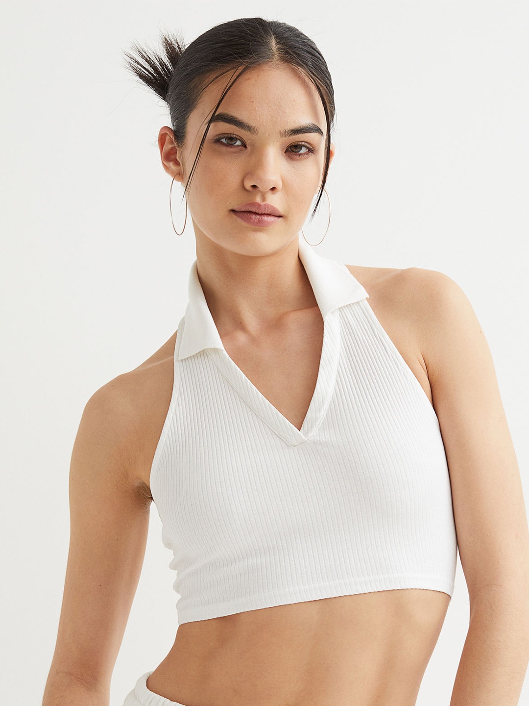 

H&M Women White Collared Halterneck Top