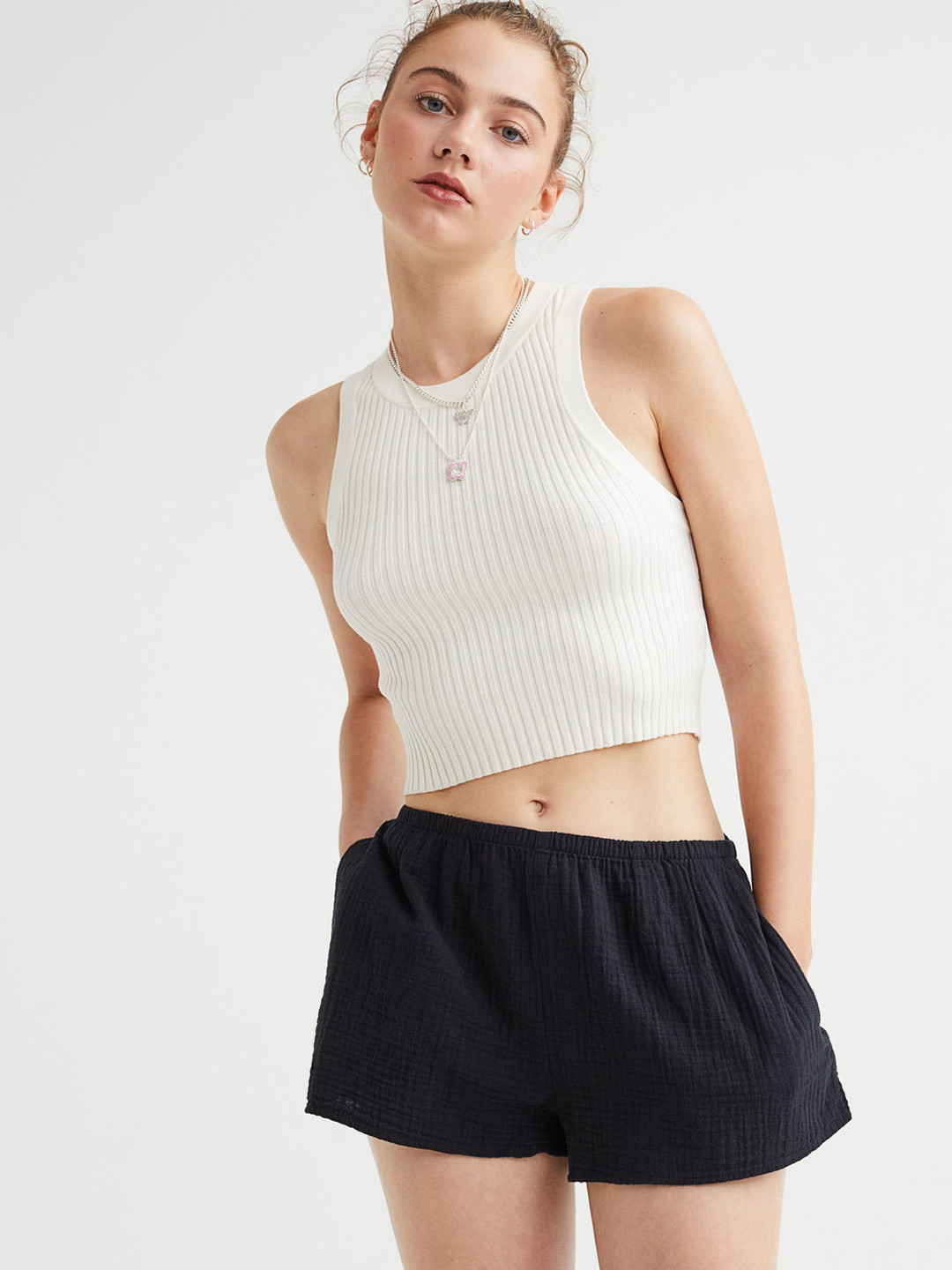 

H&M Women Black Pure Cotton Textured-Weave Shorts
