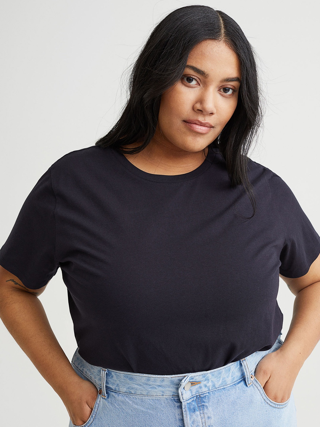 

H&M Women Plus Size Navy Blue Round-Necked T-shirt