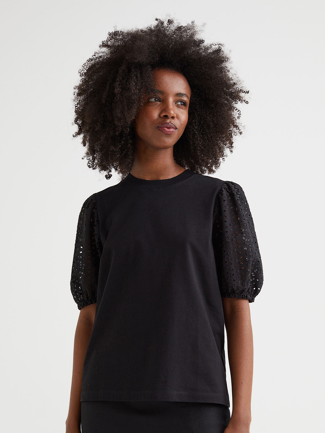 

H&M Women Black Embroidered-Sleeve T-shirt