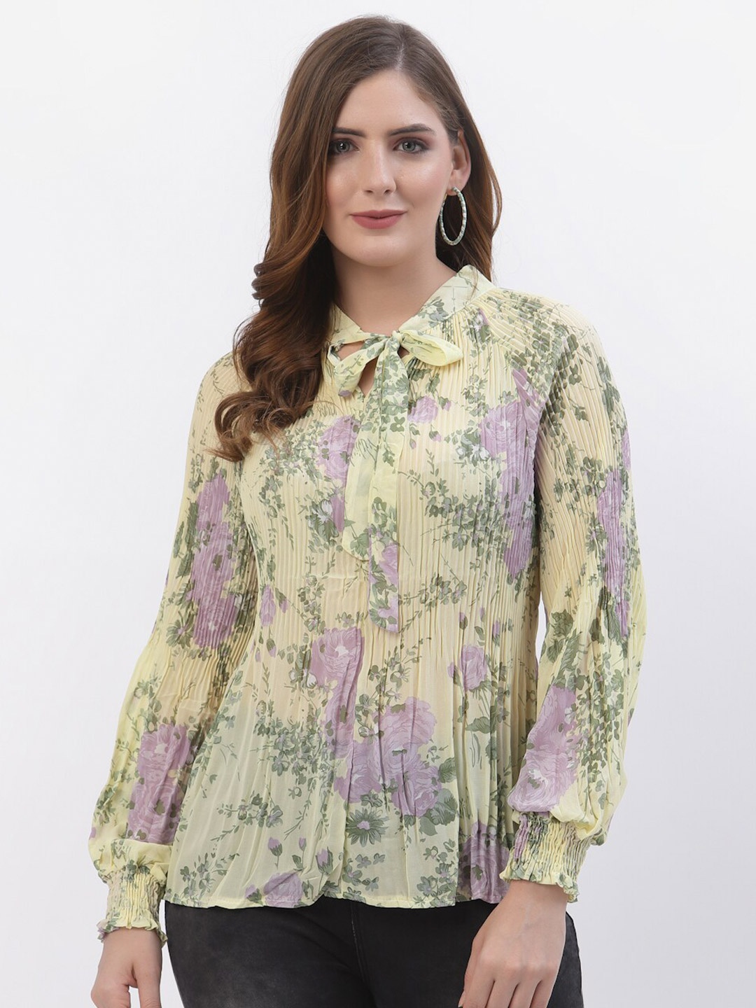 

Westwood Yellow Floral Print Tie-Up Neck Accordion Pleats Shirt Style Top