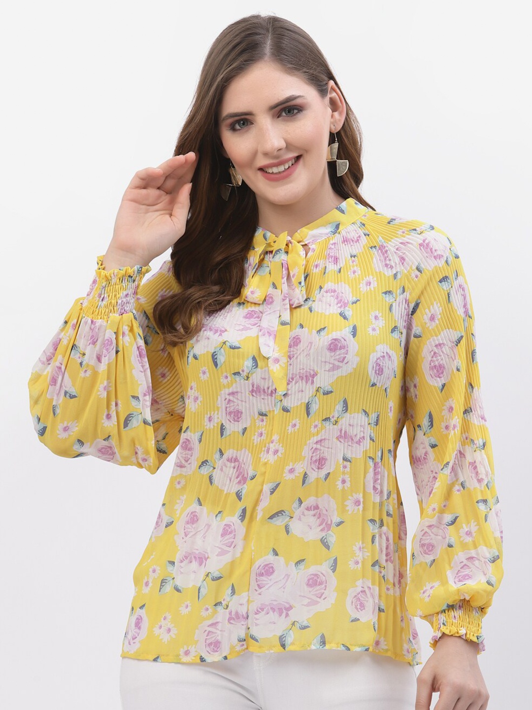 

Westwood Yellow Floral Print Tie-Up Neck Accordion Pleats Top