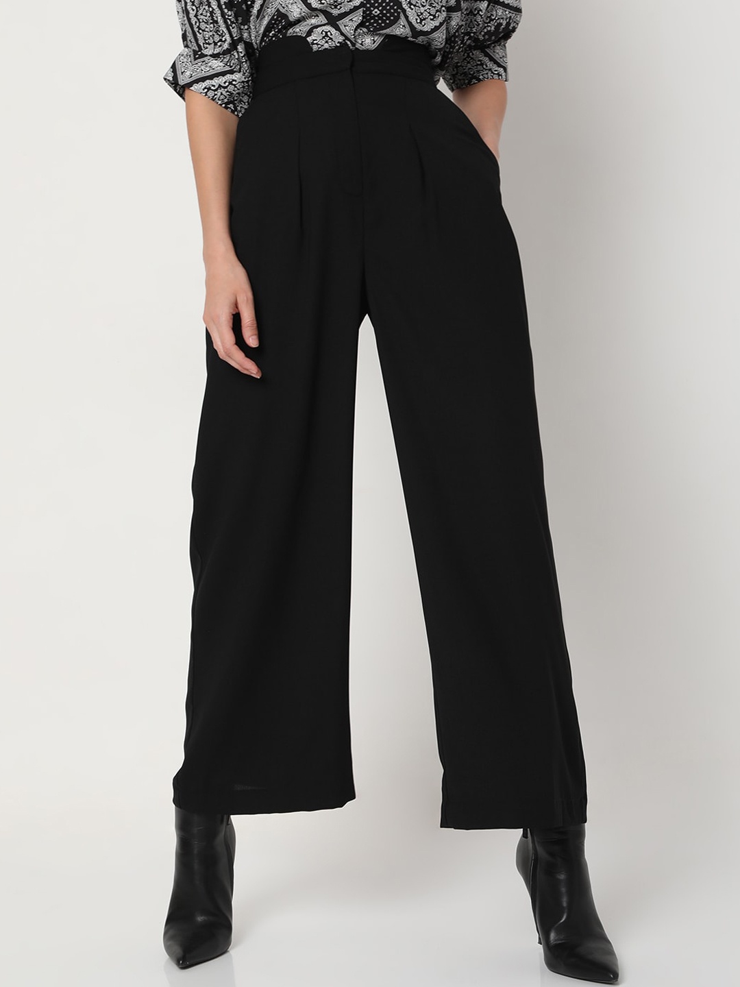 

Vero Moda Women Black Flared High-Rise Pleated Trousers