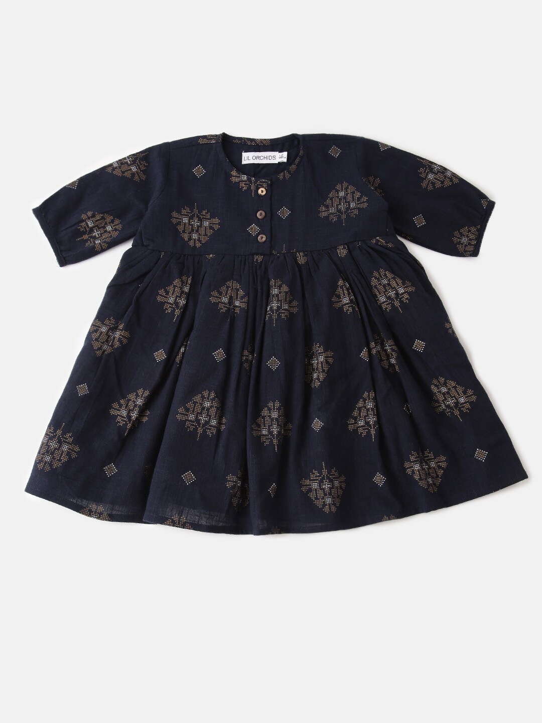 

Lil Orchids Girls Navy Blue Printed Round Neck Empire Dress