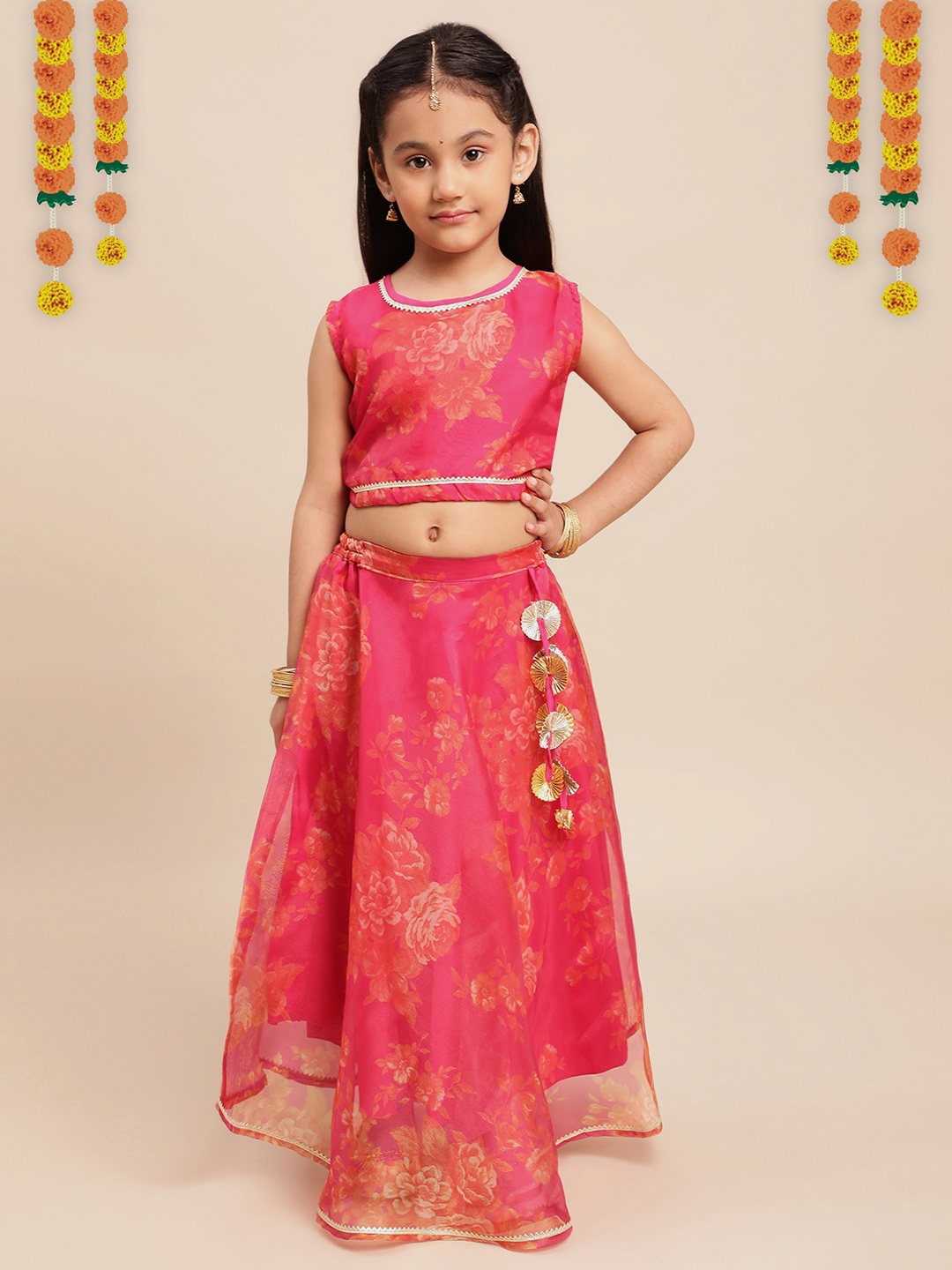 

Ahalyaa Girls Rose Printed Ready to Wear Lehenga, Pink