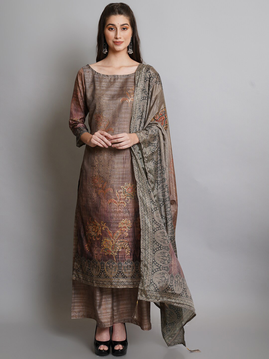 

Stylee LIFESTYLE Grey & Brown Unstitched Dress Material