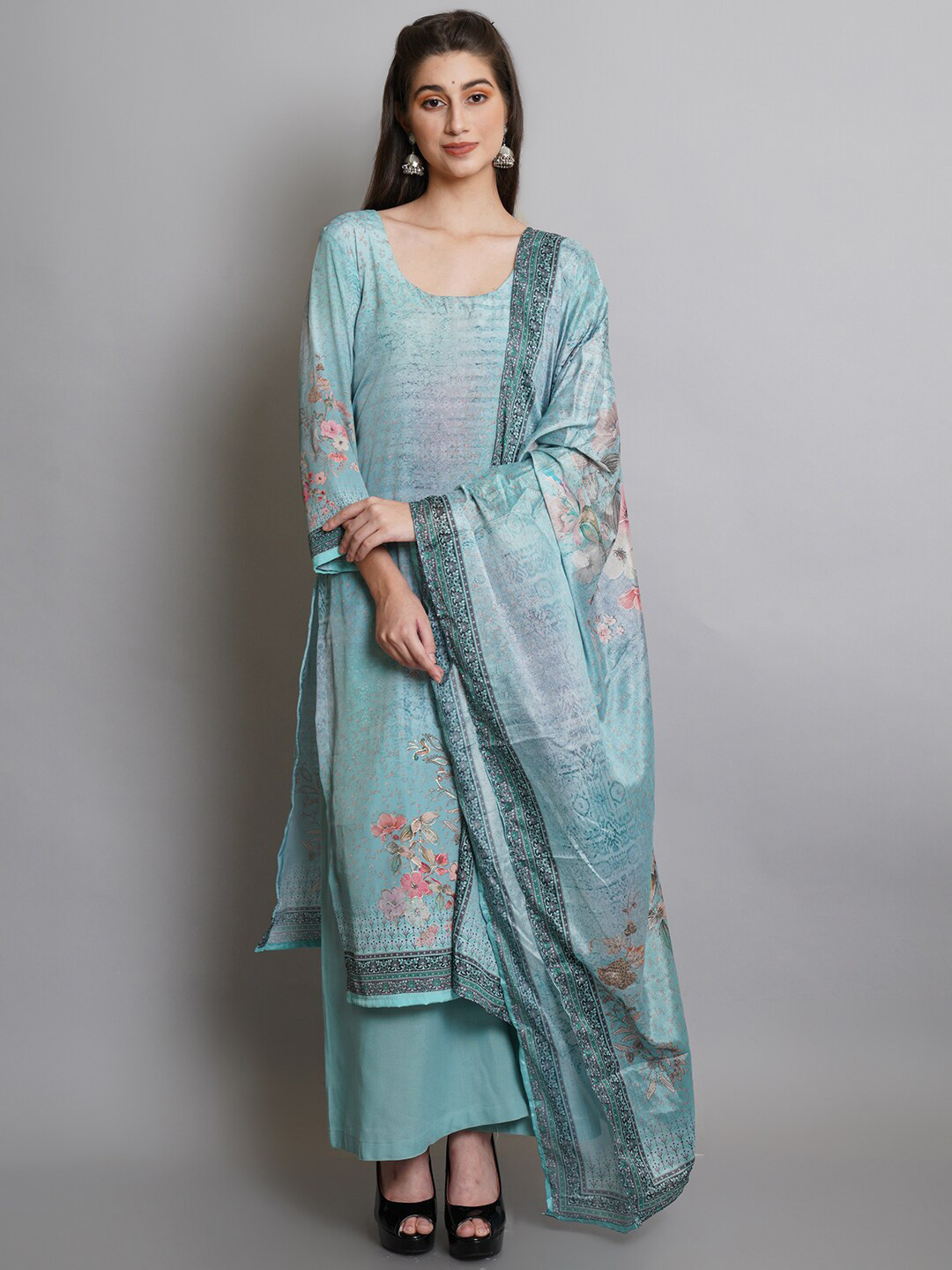 

Stylee LIFESTYLE Teal & Red Unstitched Dress Material