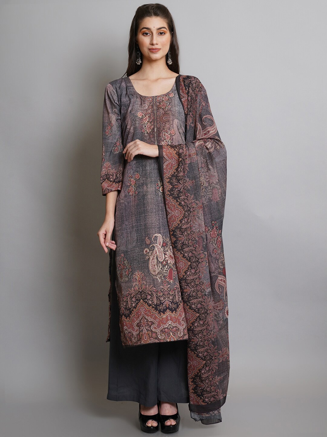 

Stylee LIFESTYLE Grey & Red Printed Unstitched Dress Material