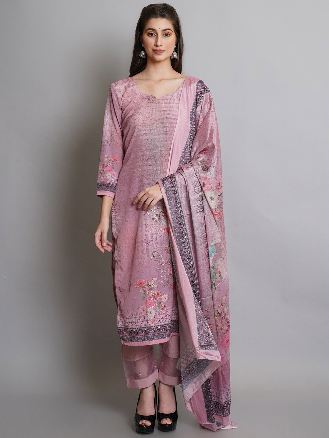 

Stylee LIFESTYLE Pink & Grey Printed Unstitched Dress Material