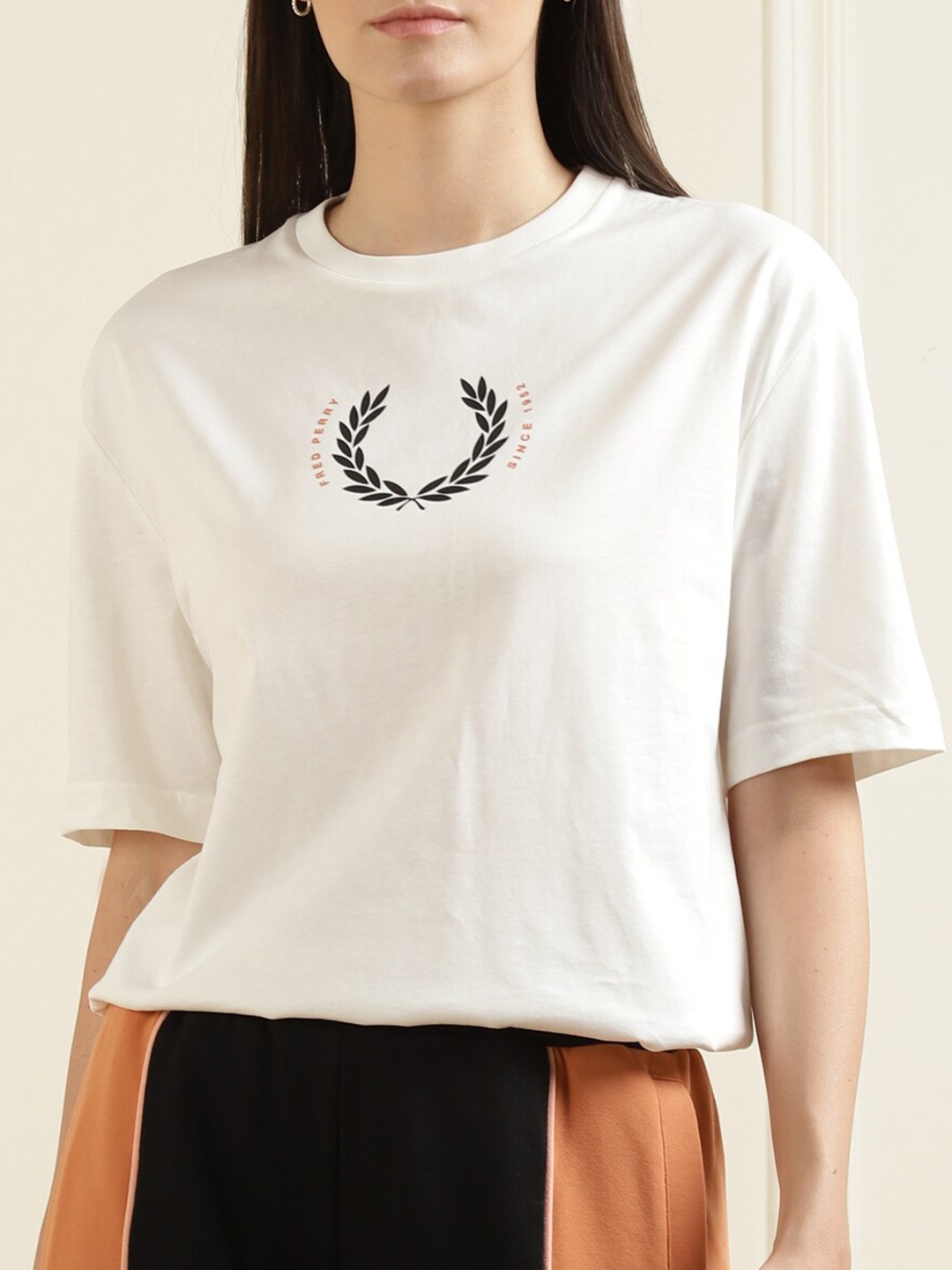 

Fred Perry Women White Typography High Neck Drop-Shoulder Sleeves Pure Cotton T-shirt