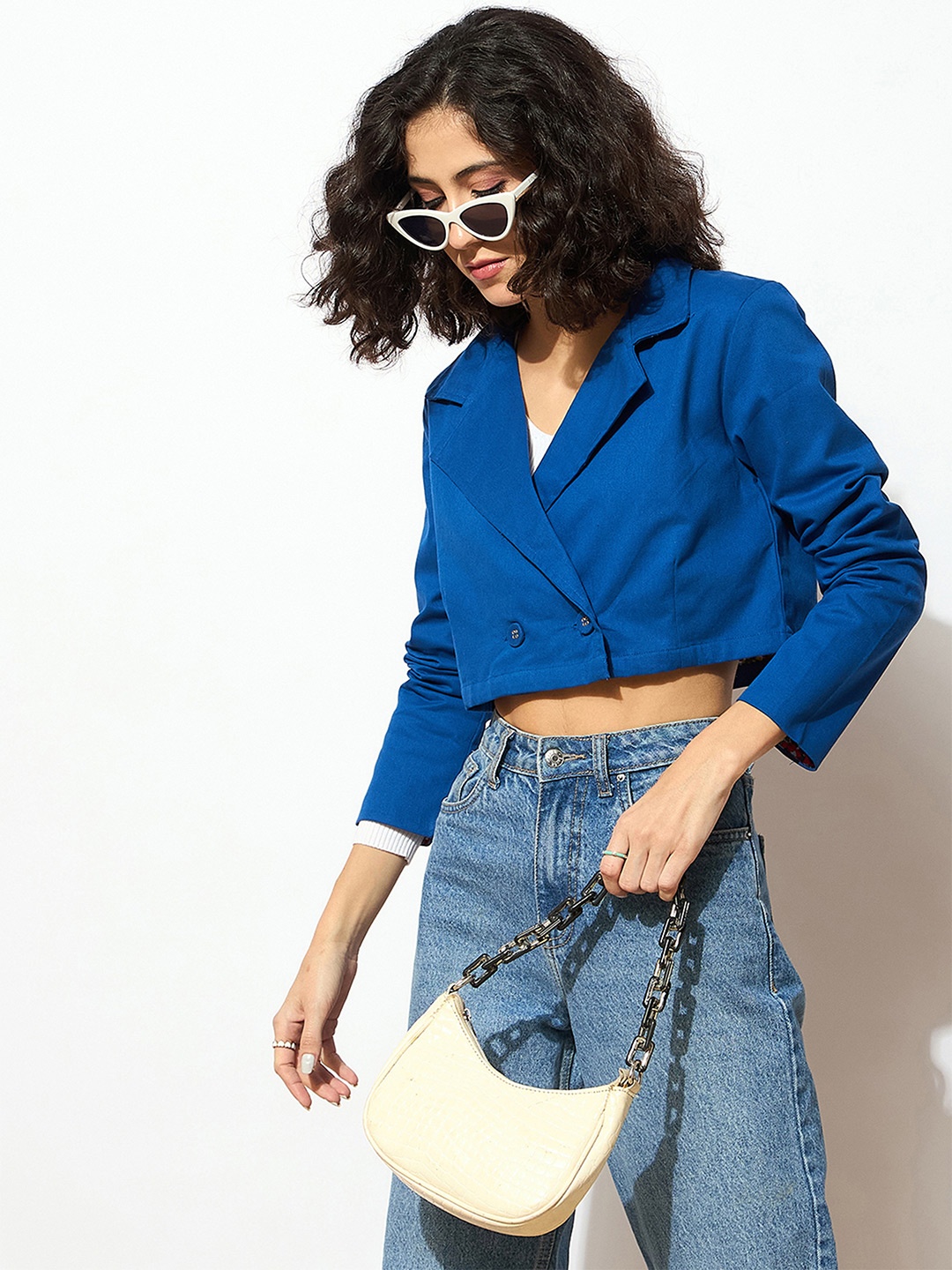 

SASSAFRAS Women Blue Cotton Crop Tailored Jacket