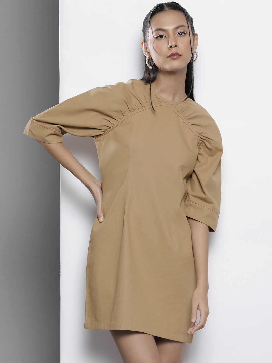 

SASSAFRAS Beige Pure Cotton Power Shoulder A-Line Dress