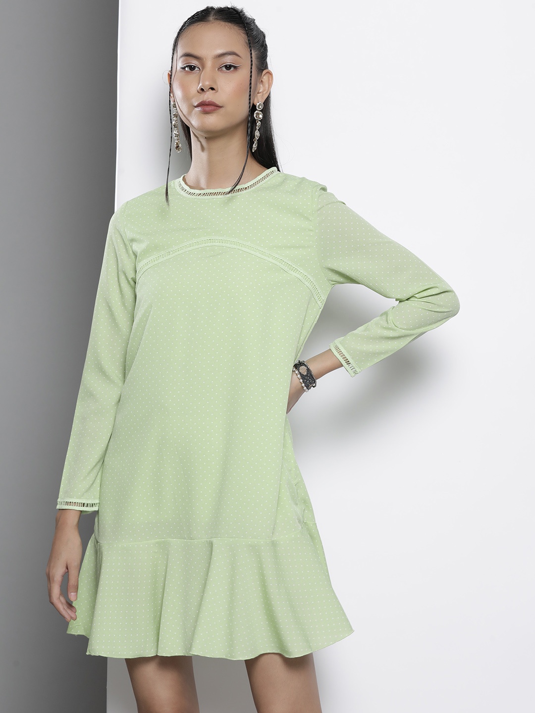 

SASSAFRAS Green Crepe Frill Hem A-Line Mini Dress