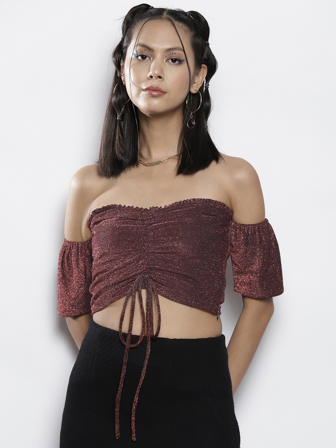 

SASSAFRAS Women Pink Embellished Off-Shoulder Crop Top