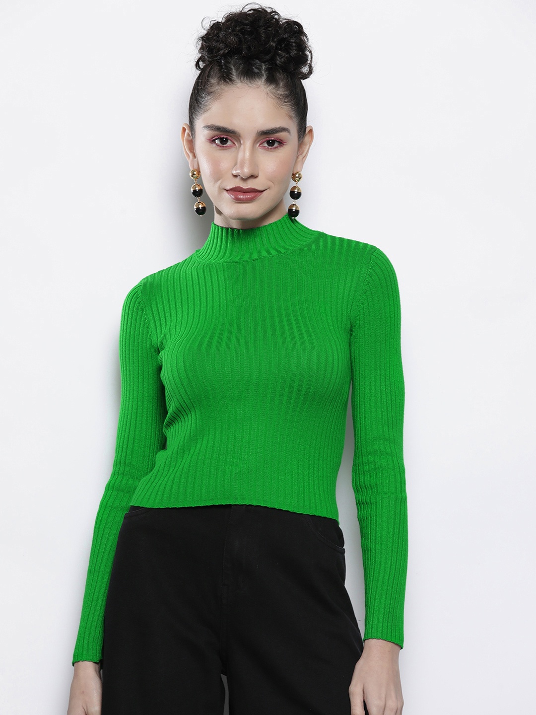 

SASSAFRAS Women Green Ribbed Acrylic Pullover