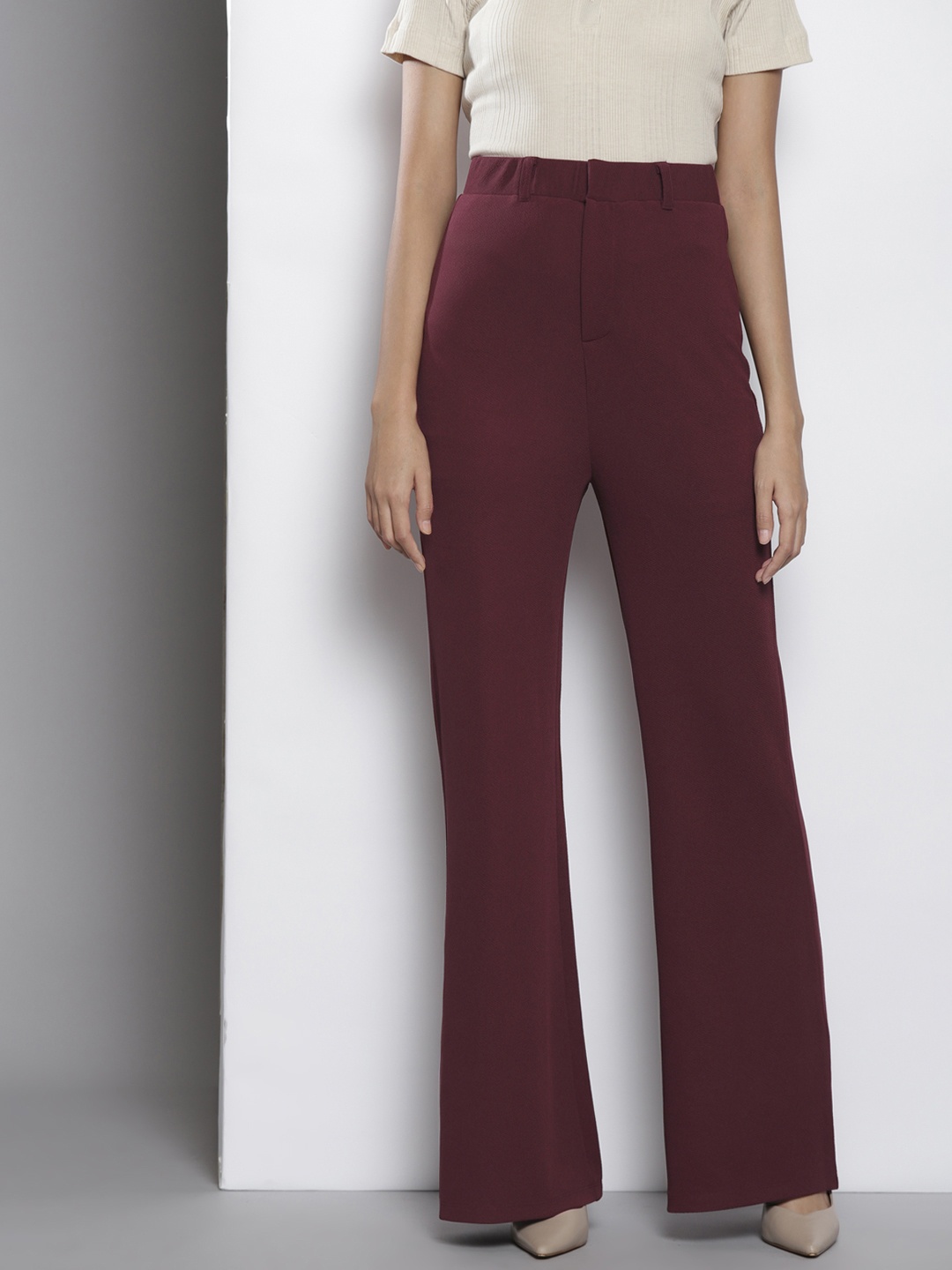 

SASSAFRAS Women Burgundy Comfort Flared Easy Wash Bootcut Trousers