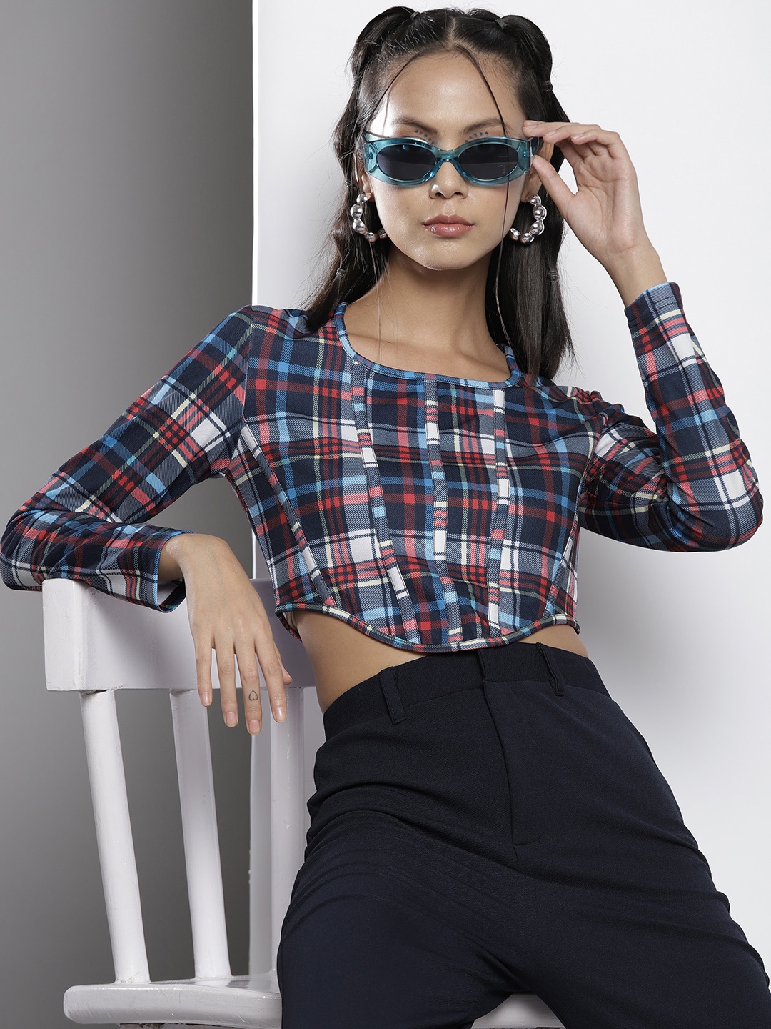 

SASSAFRAS Blue & Red Print Corset Crop Top