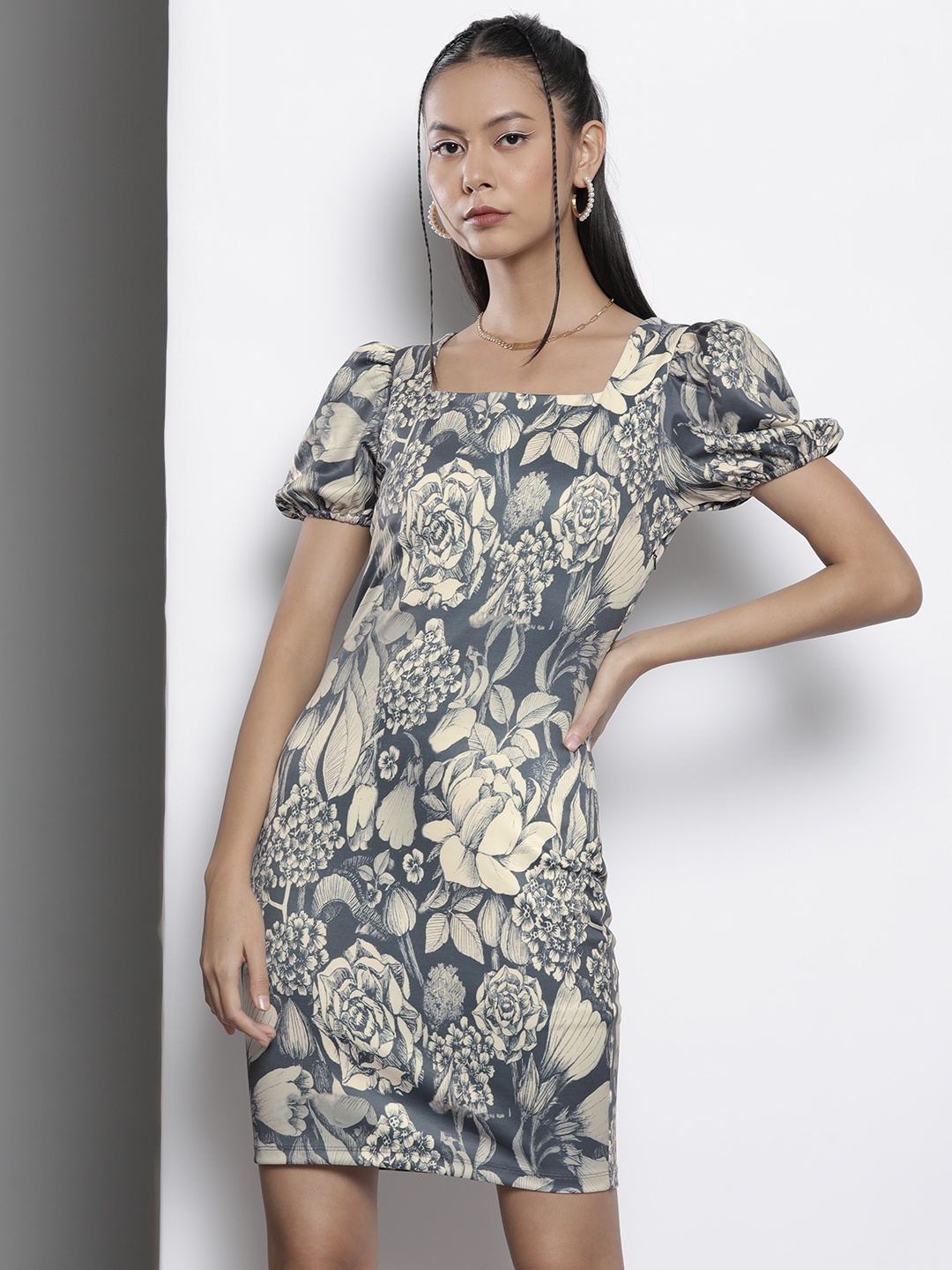 

SASSAFRAS Grey & Beige Floral Scuba Bodycon Dress