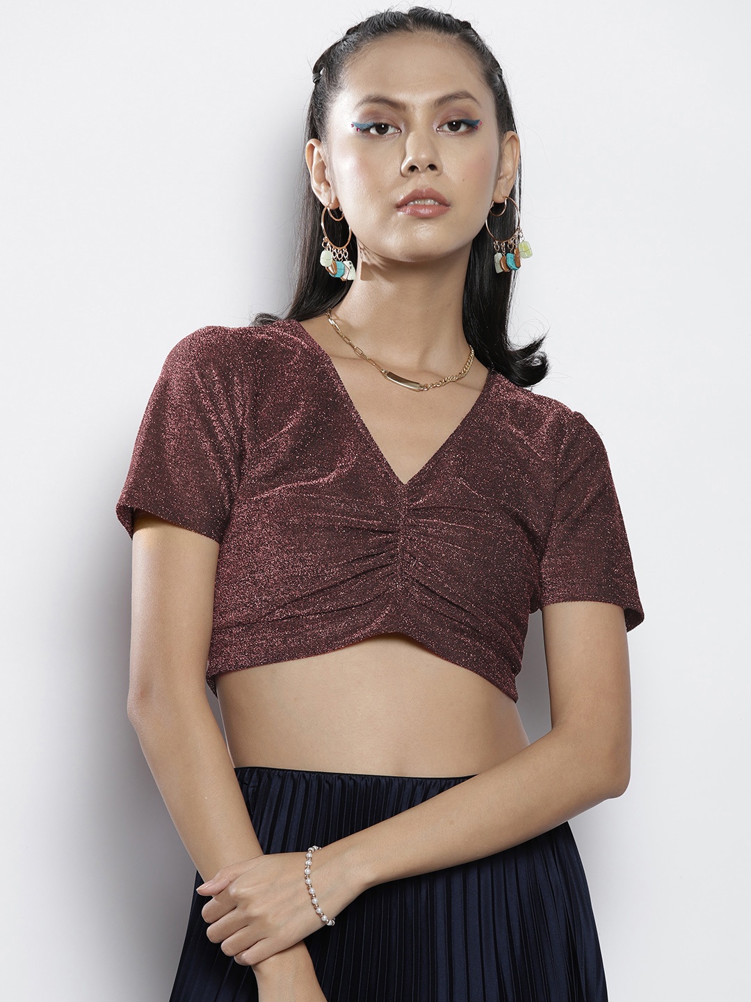 

SASSAFRAS Pink Lurex Front Ruched Crop Top