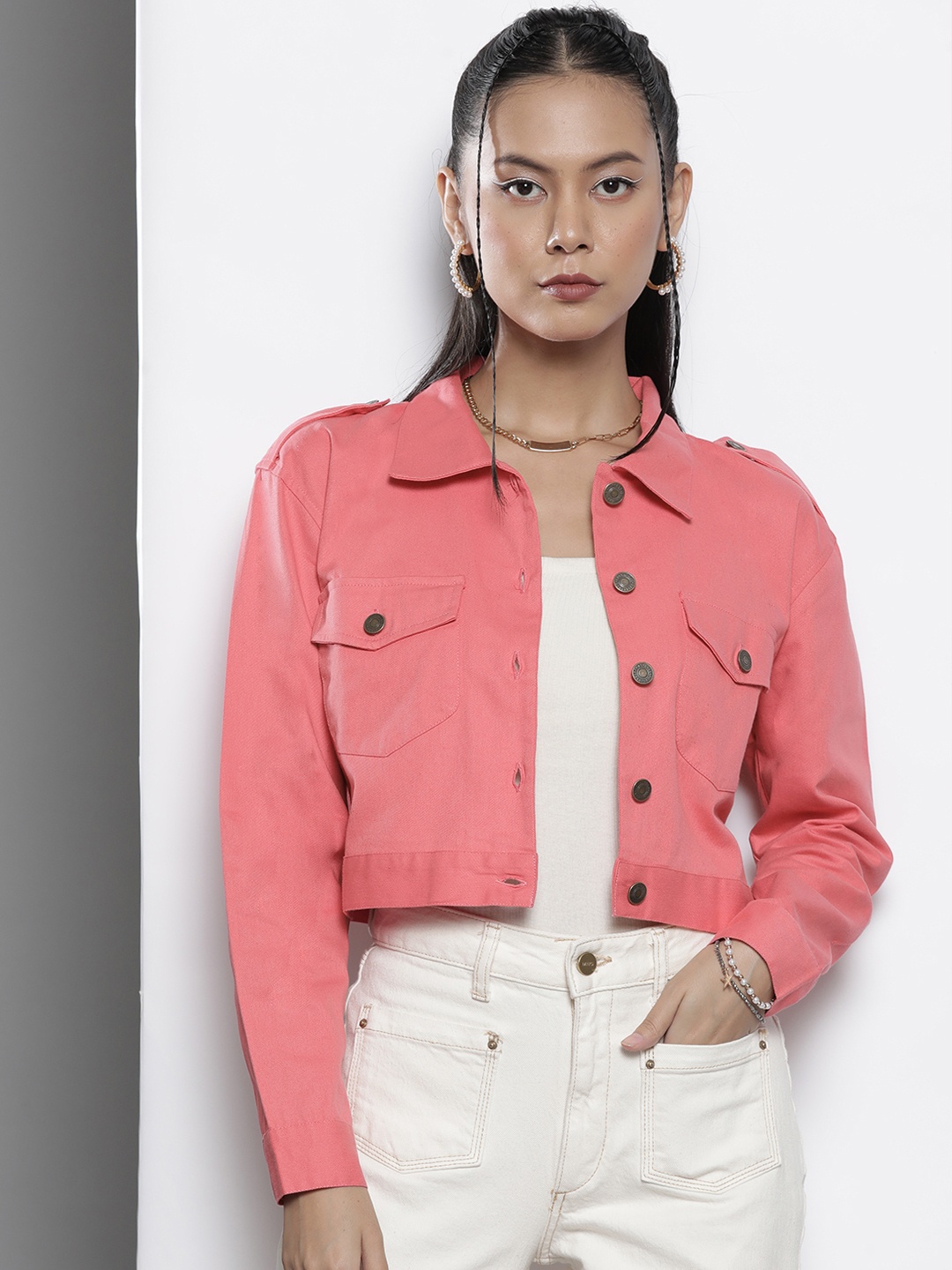 

SASSAFRAS Women Pink Cotton Crop Tailored Jacket