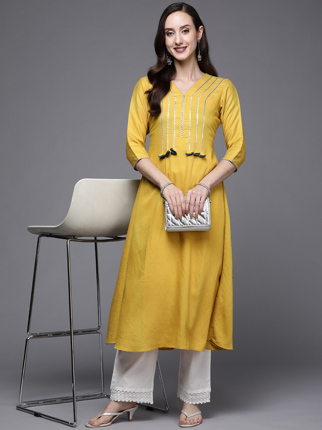 

MASSTANI BY INDDUS Women Mustard Yellow Woven Design Gotta Patti Kurta