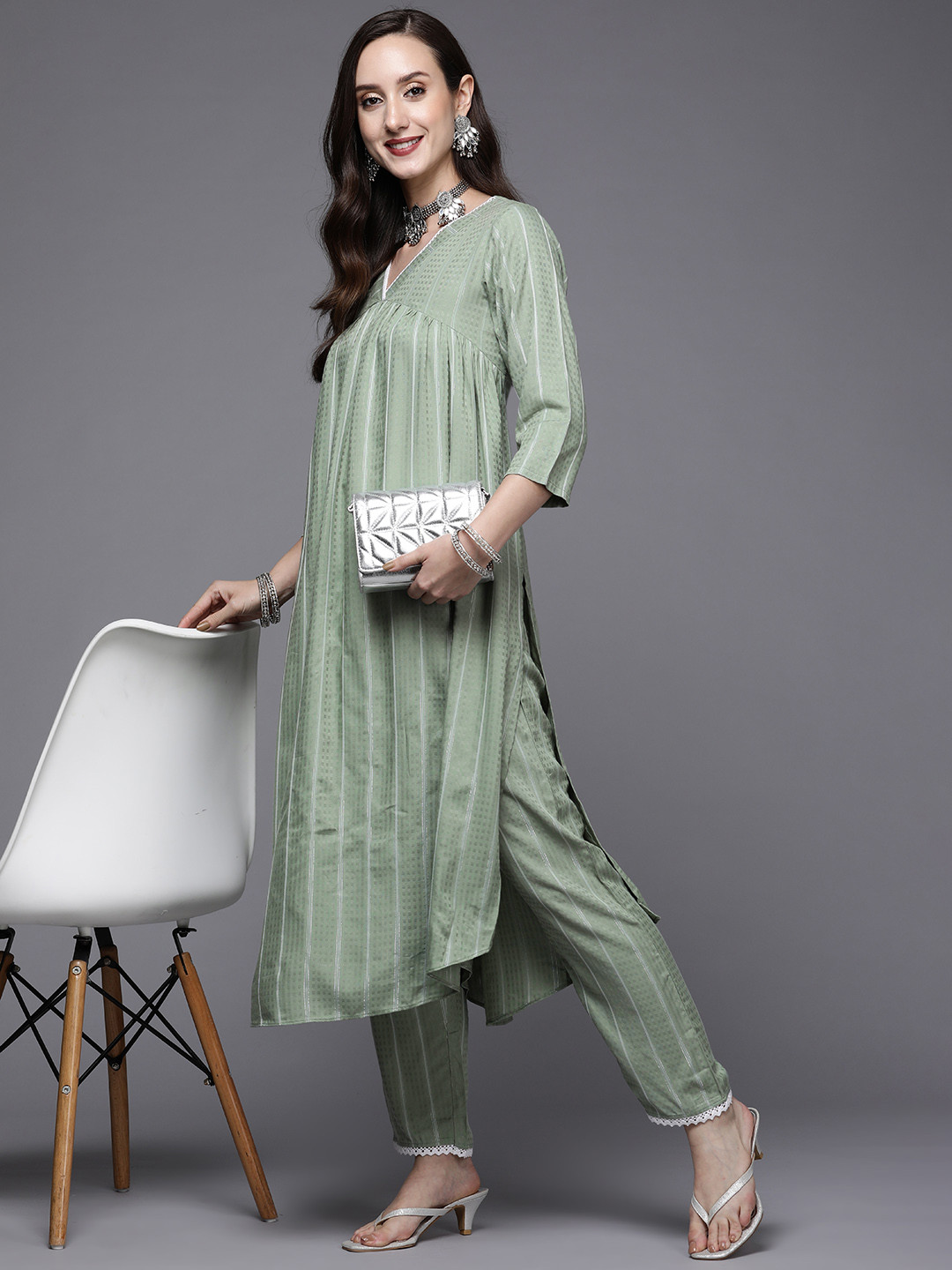 

MASSTANI BY INDDUS Women Green Striped Pleated Kurta with Trousers