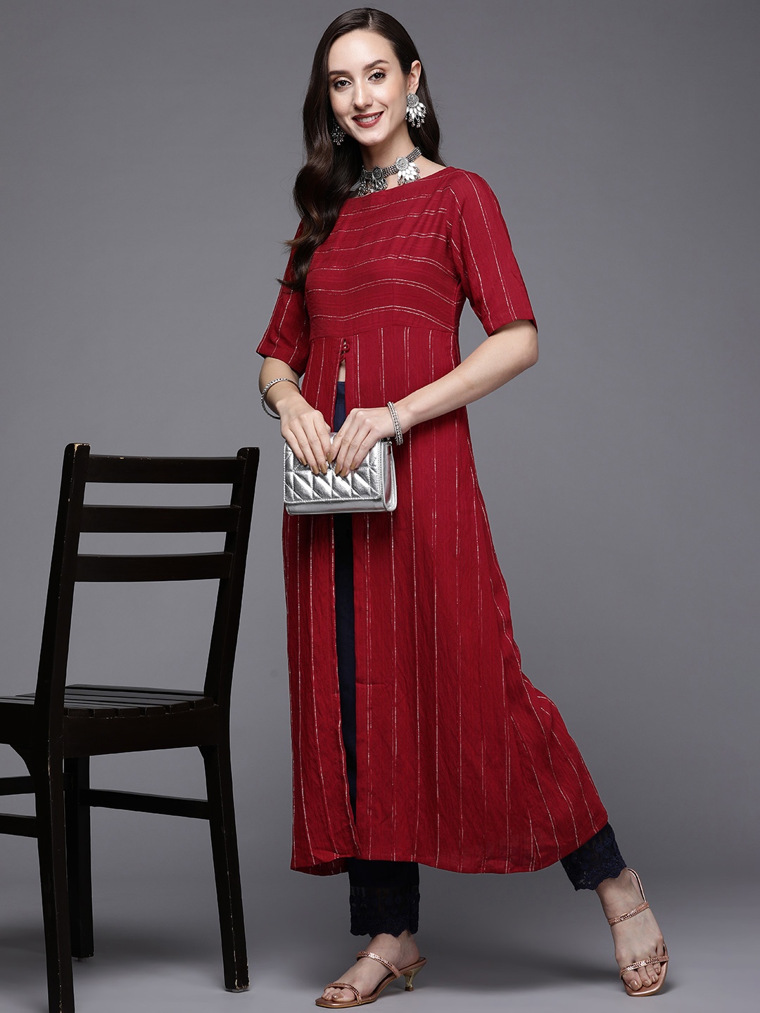 

MASSTANI BY INDDUS Women Maroon Striped Kurta