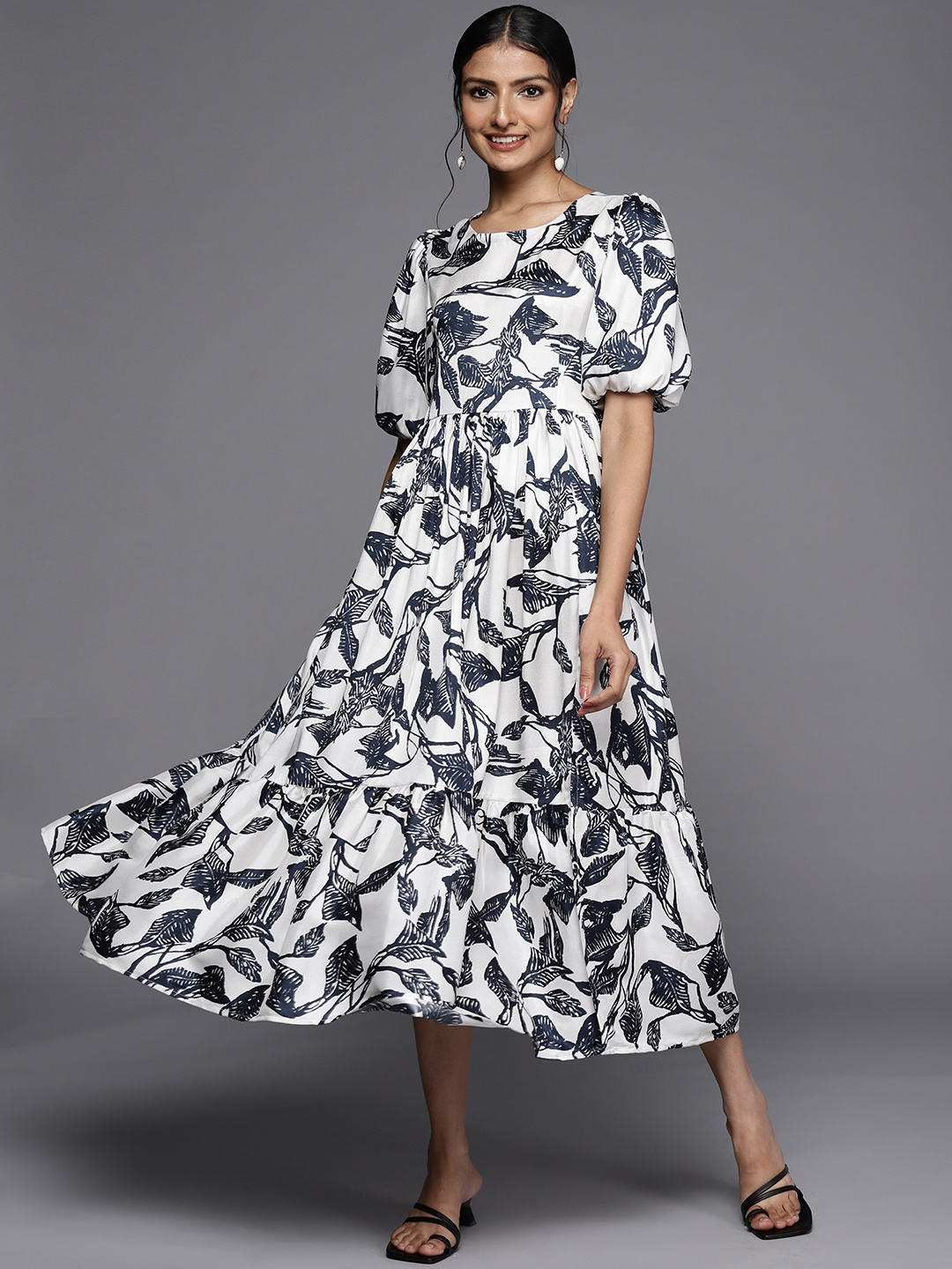 

MASSTANI BY INDDUS White & Navy Blue Leaf Print Ethnic Midi Dress