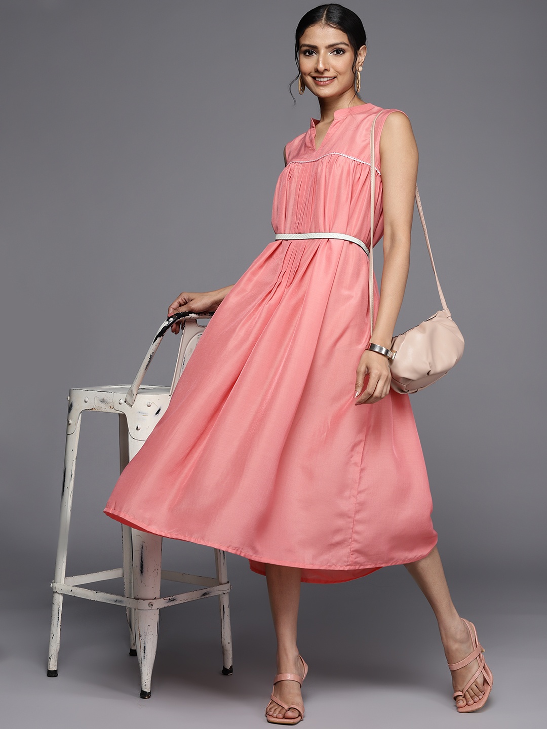 

MASSTANI BY INDDUS Peach-Coloured Solid Lace Detail Midi Fit & Flare Dress