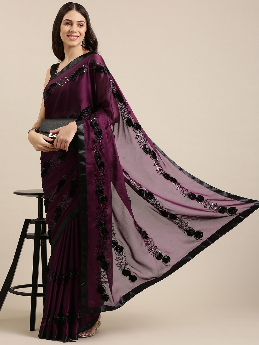 

VASTRANAND Burgundy Floral Sequinned Satin Saree
