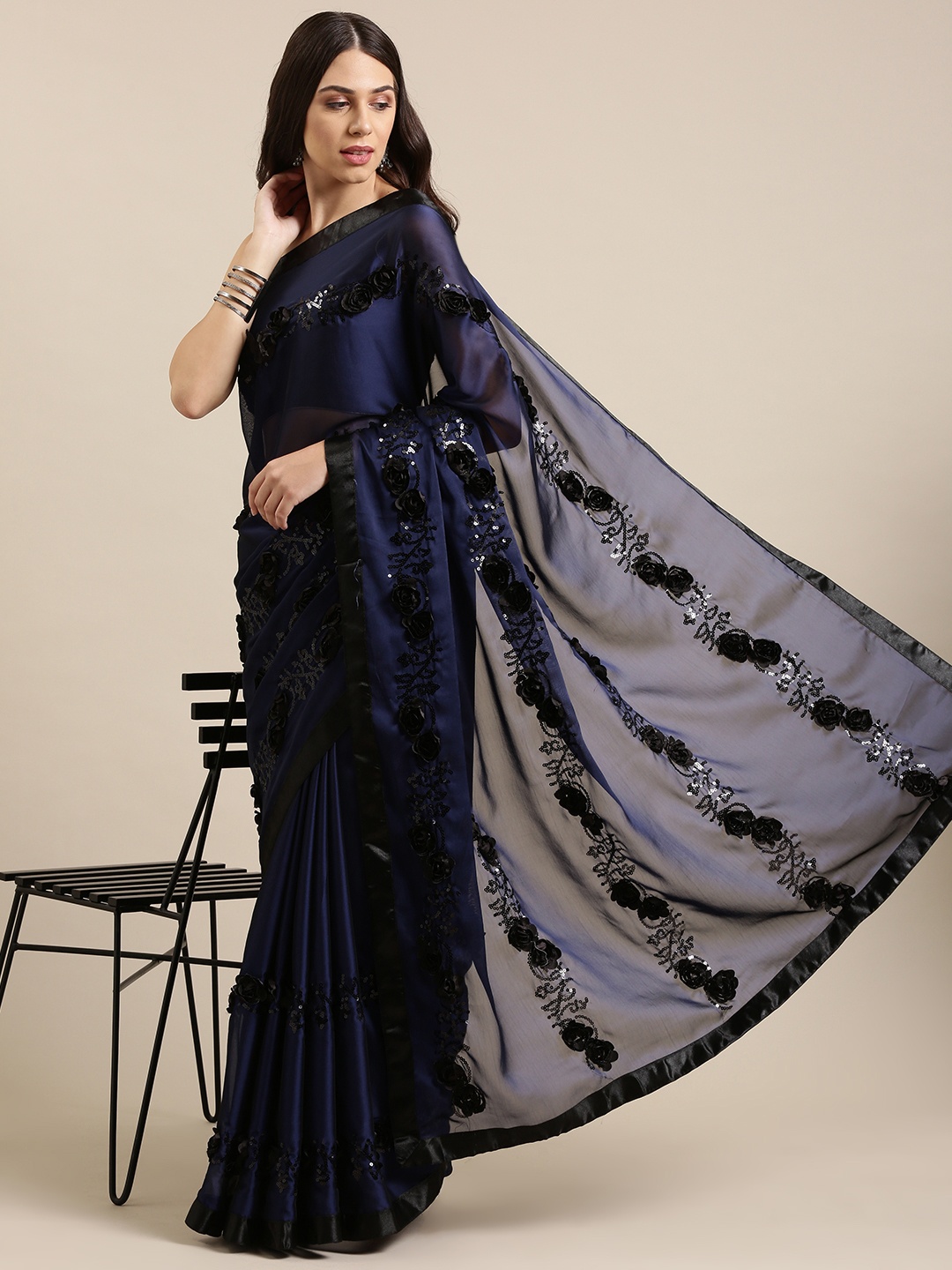

VASTRANAND Navy Blue Floral Sequinned Satin Saree