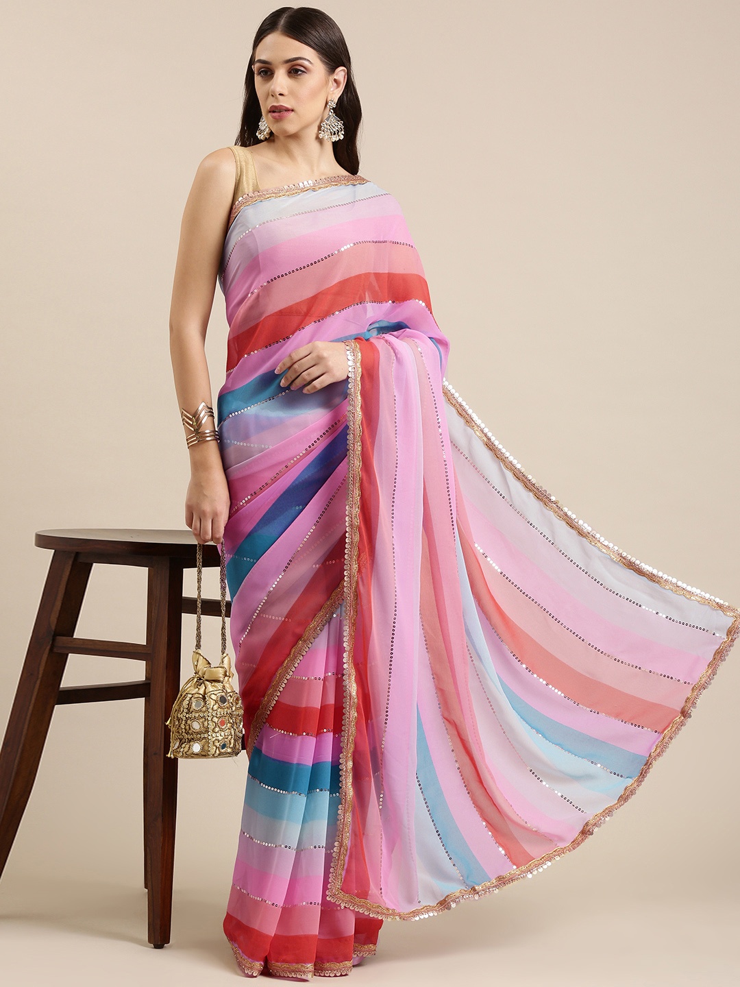 

VASTRANAND Pink & Blue Striped Sequinned Saree