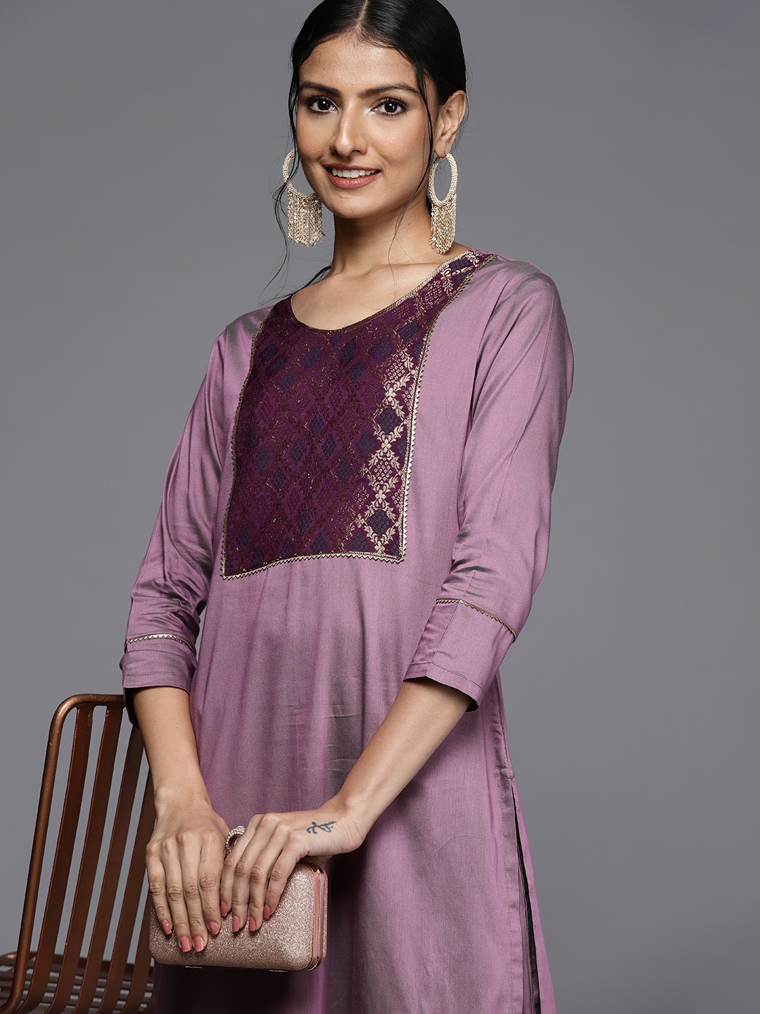 

MASSTANI BY INDDUS Women Mauve Yoke Design Kurta with Trousers