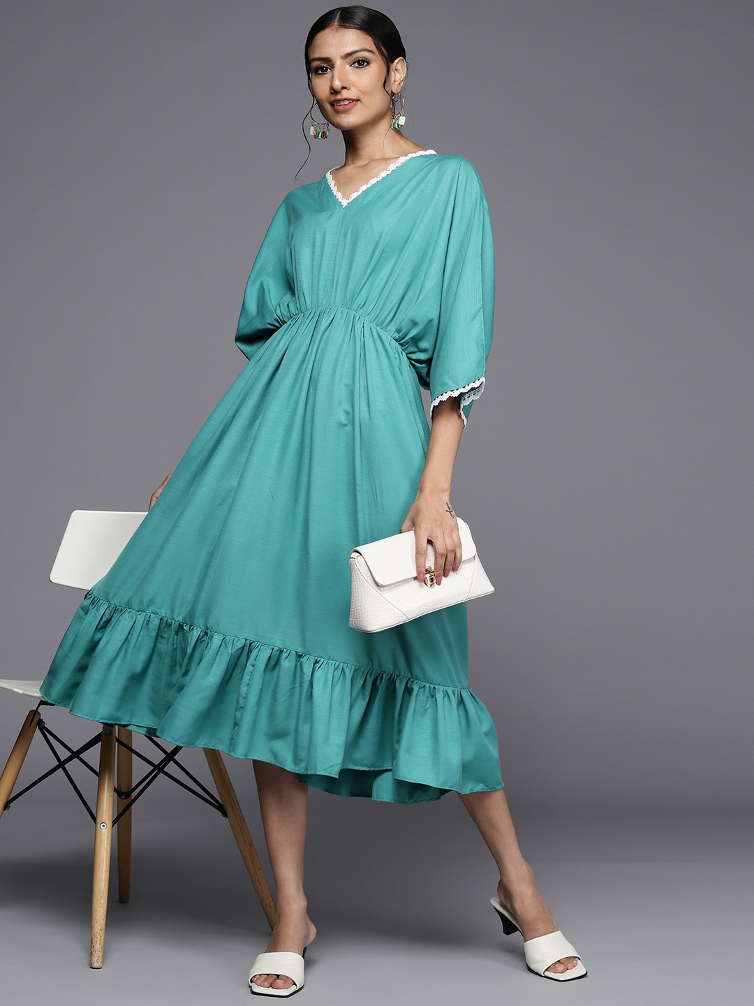 

MASSTANI BY INDDUS Turquoise Blue Solid Ethnic Kaftan Midi Dress