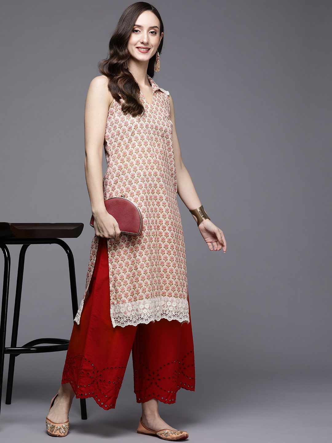 

MASSTANI BY INDDUS Women Beige & Pink Ethnic Motifs Printed Cotton Kurta