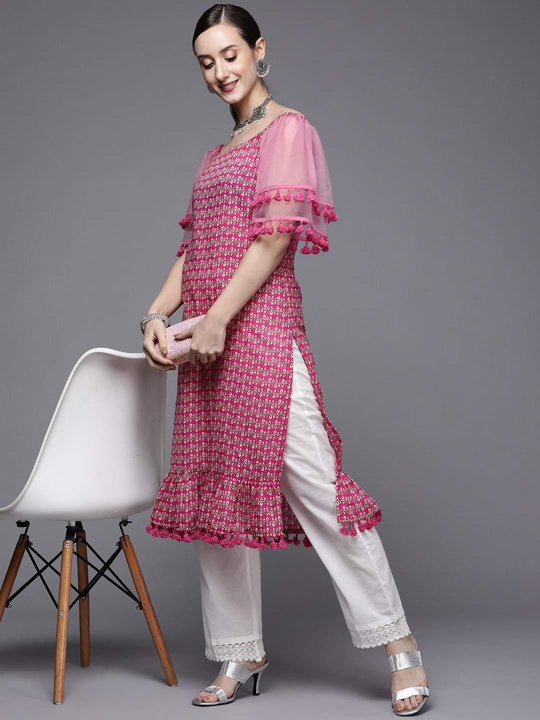 

MASSTANI BY INDDUS Women Pink & Beige Ethnic Motifs Printed Flared Sleeves Lace Frills Bows and Ruffles Kurta
